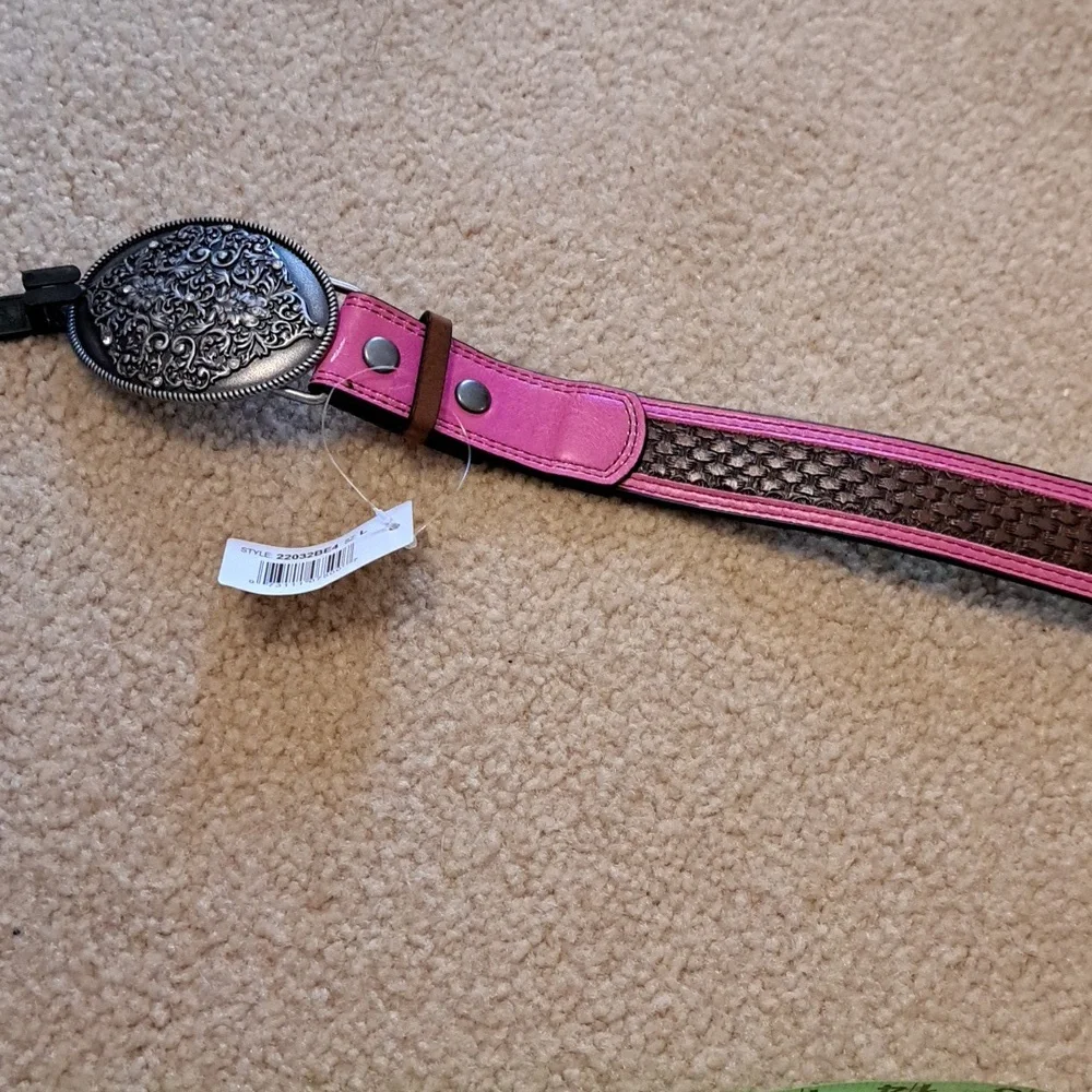 From Boot Barn Pink Leather Belt with Silver Buckle 32.5: